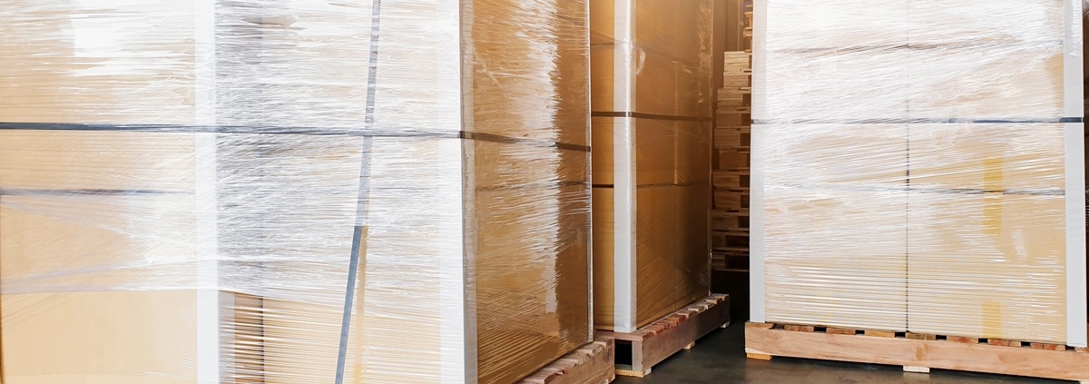 wood pallets with shrink wrapped loads