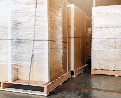 wood pallets with shrink wrapped loads