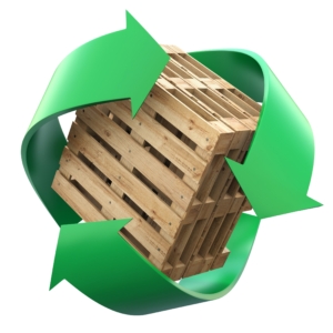 wood pallet inside a recycling symbol