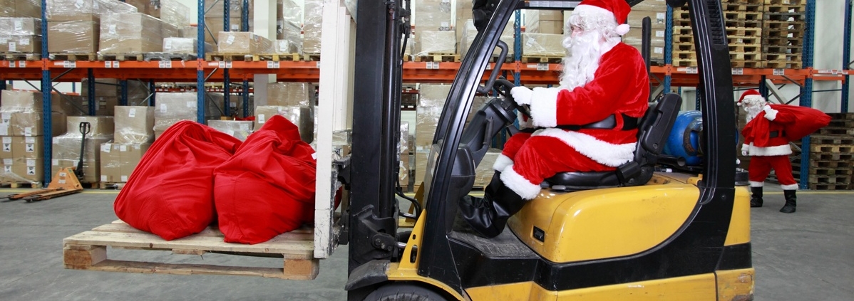 Santa Claus driving a forklift