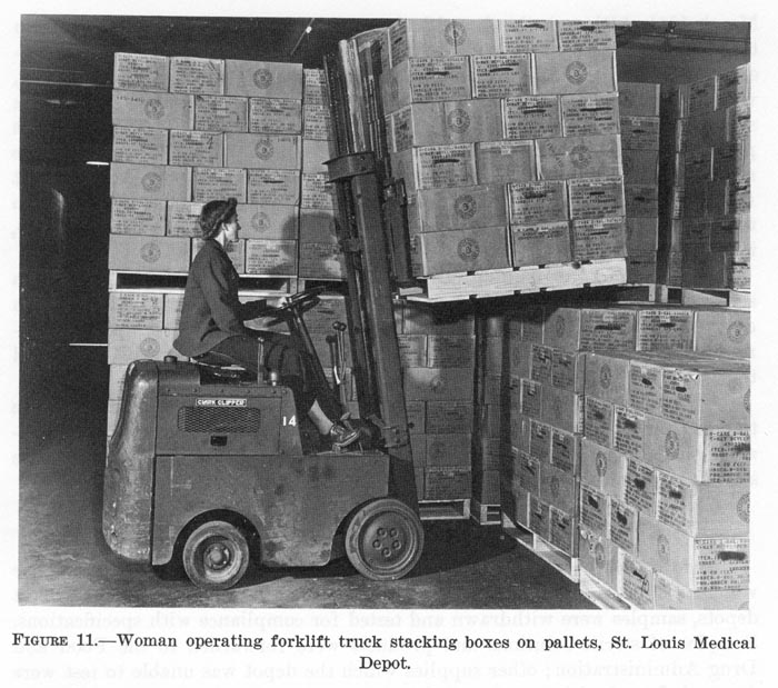 WW2 photo of woman driving a forklift carrying a wood pallet with unit load.