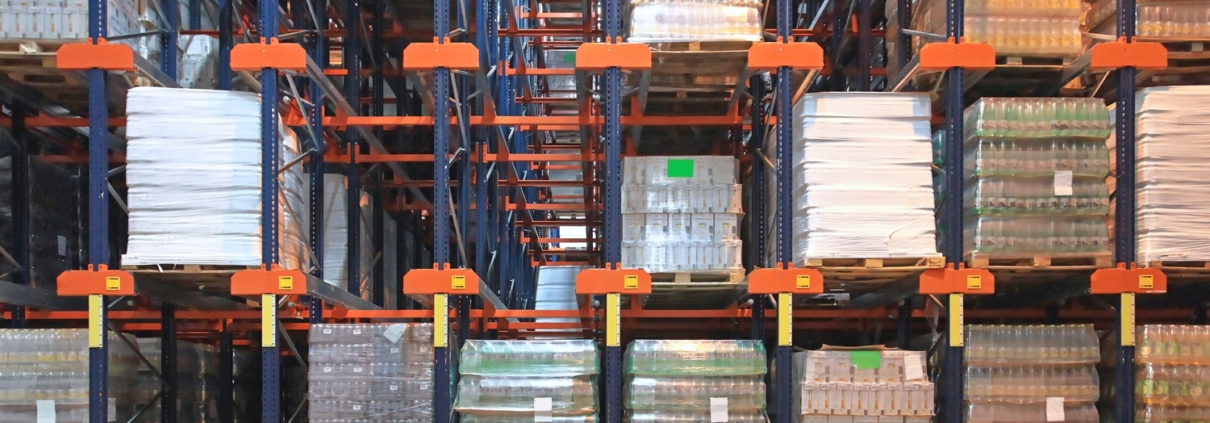 warehouse racks with pallets of goods